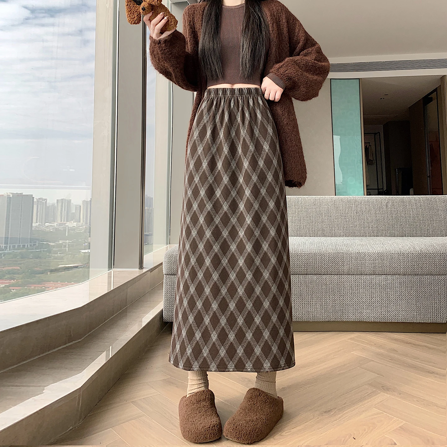 الكورية Sle منقوشة Fce اصطف ثي عالية الخصر التخسيس ميدي مستقيم أنبوب تنورة الخريف الشتاء المرأة الدافئة ألياف البوليستر