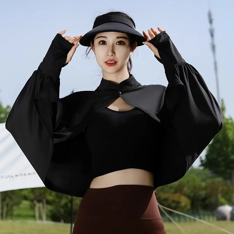 Women's Summer Sun Protection Shawl UV-Protective Cape Breathable Loose Long-Sleeve Ice Silk Lightweight Jacket for Cycling
