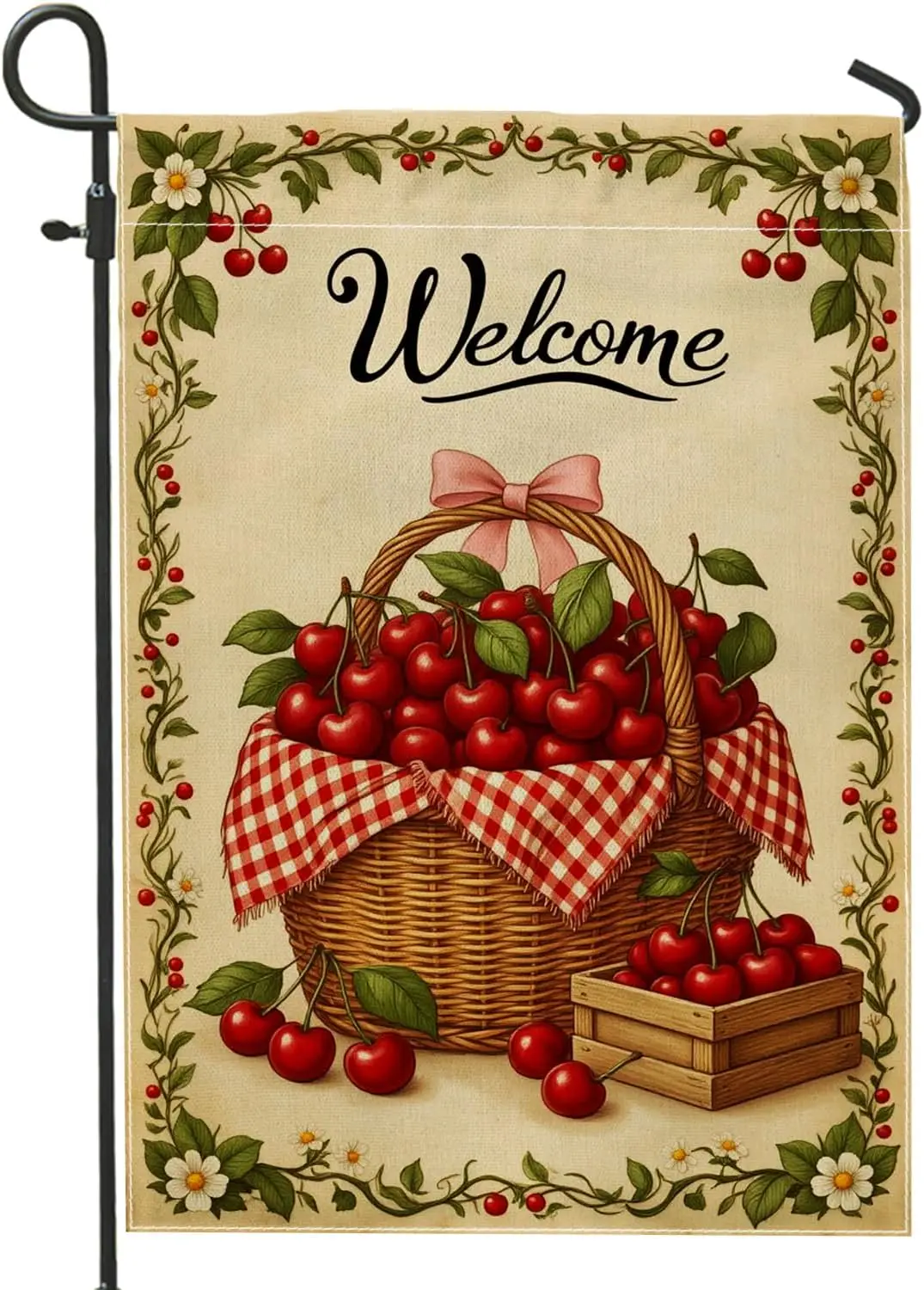 Basket Garden Flag, Farmhouse Rustic Cherries Bow Summer Red Double Sided Burlap Small Garden Yard Flag for Outdoor Front Po kkz