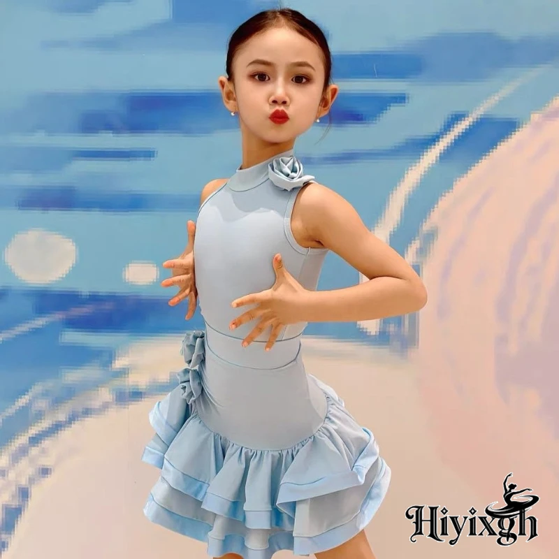 

Child Latin Dance Dress for Girls Blue Sleeveless Floral Top Short Skirt Set Samba Rumba Training Cha Cha Performance Costumes