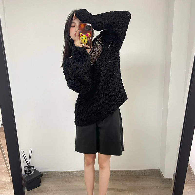 Autumn Winter Knitted Sweater Women Top Korean Loose Lazy Oaf Hollow Strapless Laides Sweaters Long Sleeve Pullover 2022 Jumper