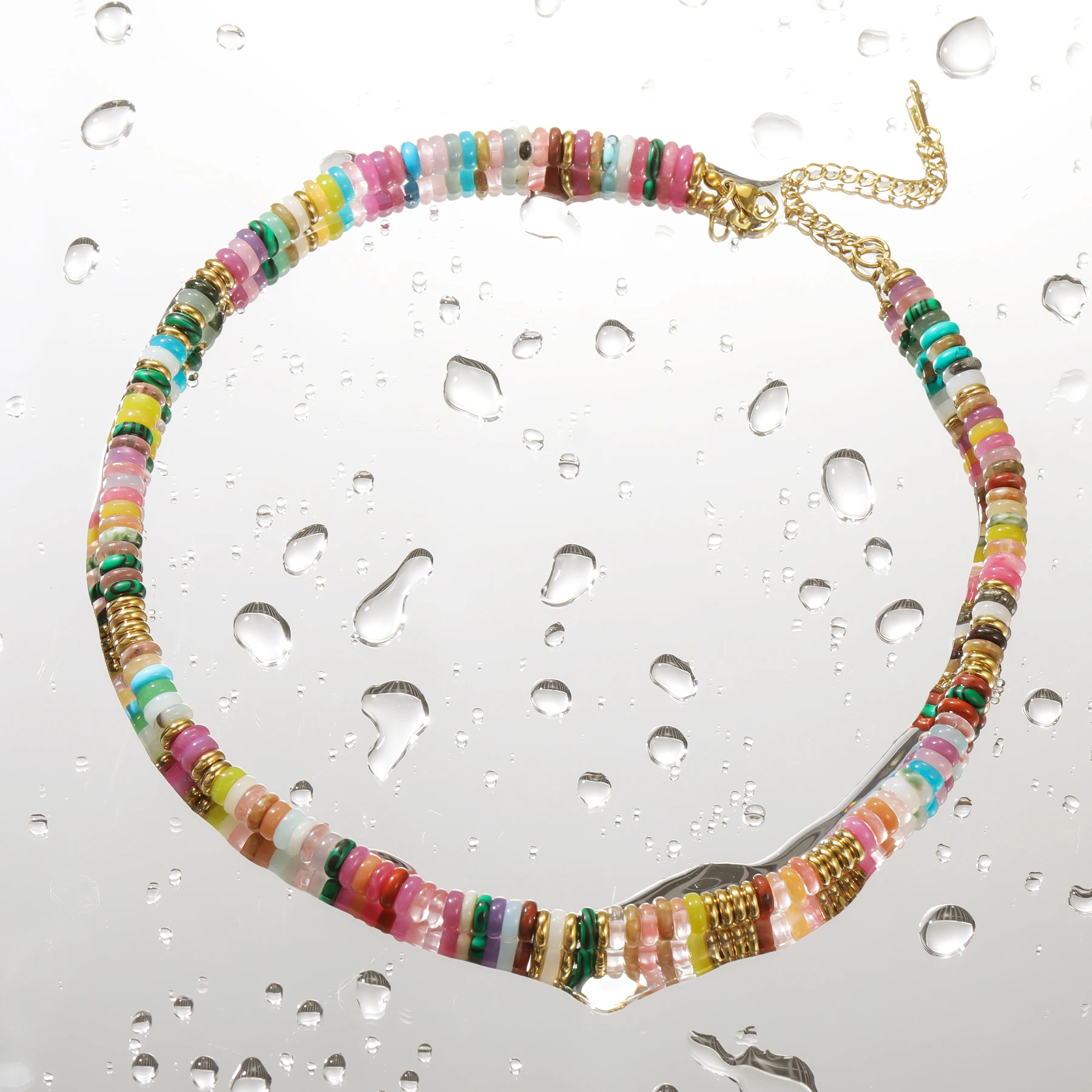 Boho Beaded Necklace Colorful Natural Stone Choker Gold Plated Summer Beach Jewelry Surfer Gift for Women Handmade Unique Daily