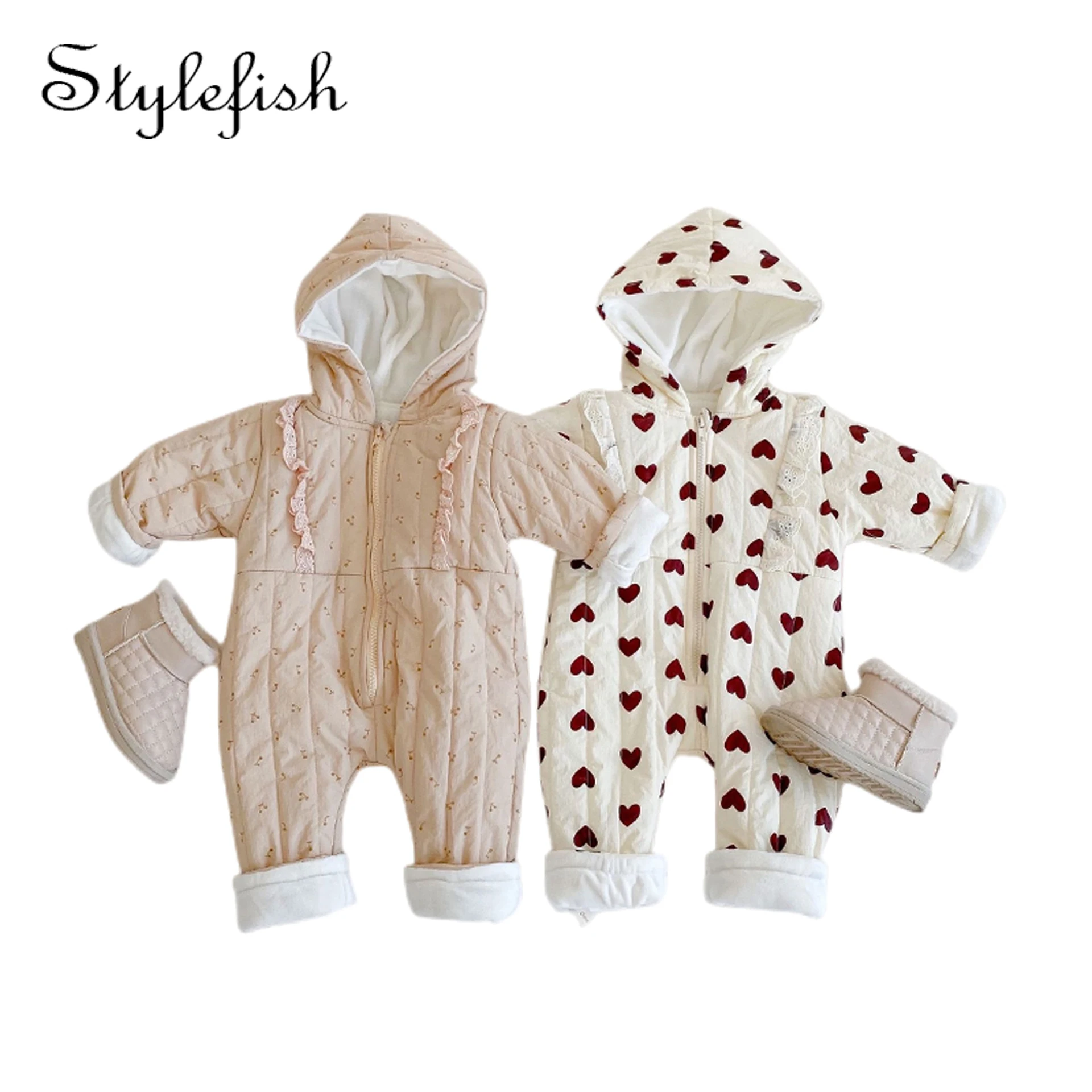 

2022 winter infant Jumpsuit newborn girl hooded clothes Snow Suit Rompers thickened warm coat printed cotton clothes