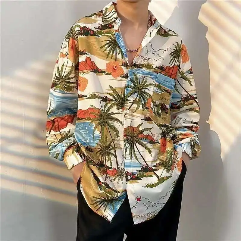 

2025 Spring Summer Coconut Tree Shirts For Men Printed Hawaiian Shirt Beach Long Sleeves Street Fashion Tops Male Blouse Camisa
