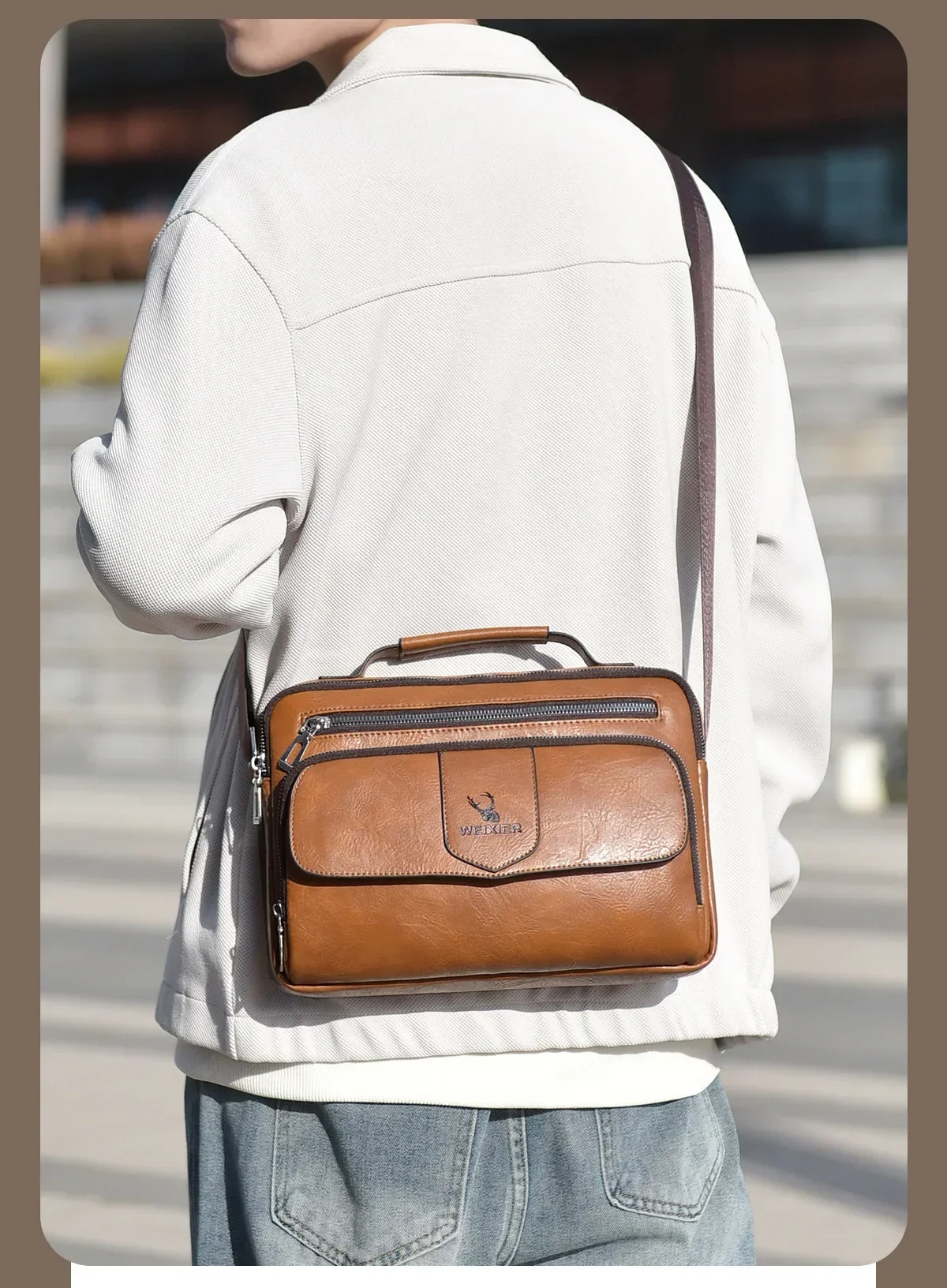 WEIXIER Marken-Herren-Umhängetasche aus PU-Leder mit Großer Kapazität und Mehreren Taschen, Hand- und Schultertasche für Geschäftsreisen und Outdoor-Aktivitäten – Detail 2