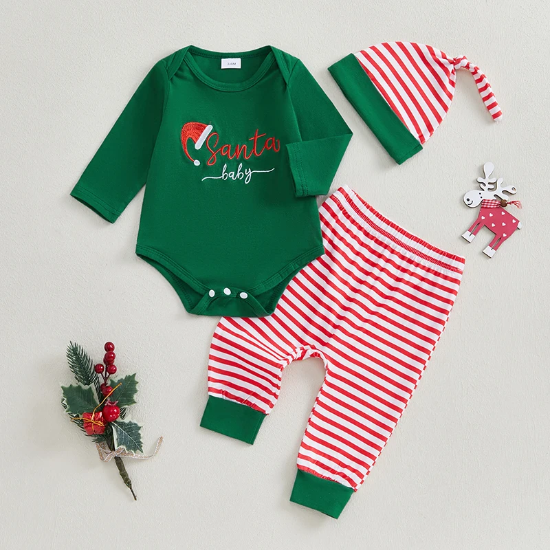 Baby Christmas Outfit Letter Embroidery Long Sleeve Romper with Stripe Pattern Pants and Hat 3 Pcs Set