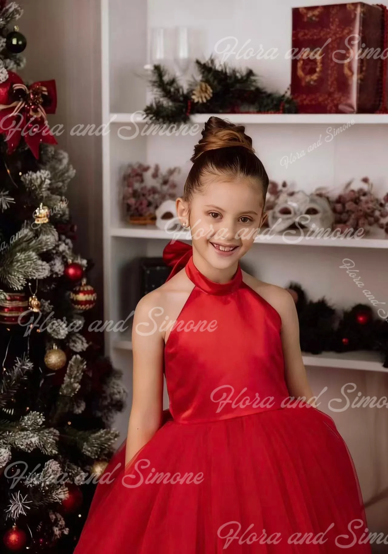 Elegant Red Sleeveless Long Dress Fluffy Flower Girl Dress for Christmas Celebration Formal Receptions Dance Parties Customized