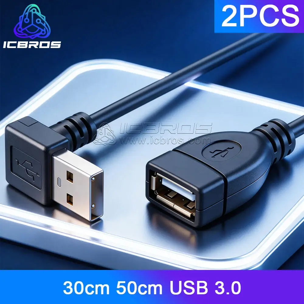Cabo de extensão usb 3.0 macho para fêmea, 2 peças, ângulo reto de 90 graus, adaptador usb para cima, esquerda e direita, cabo usb 30cm 50cm 1m