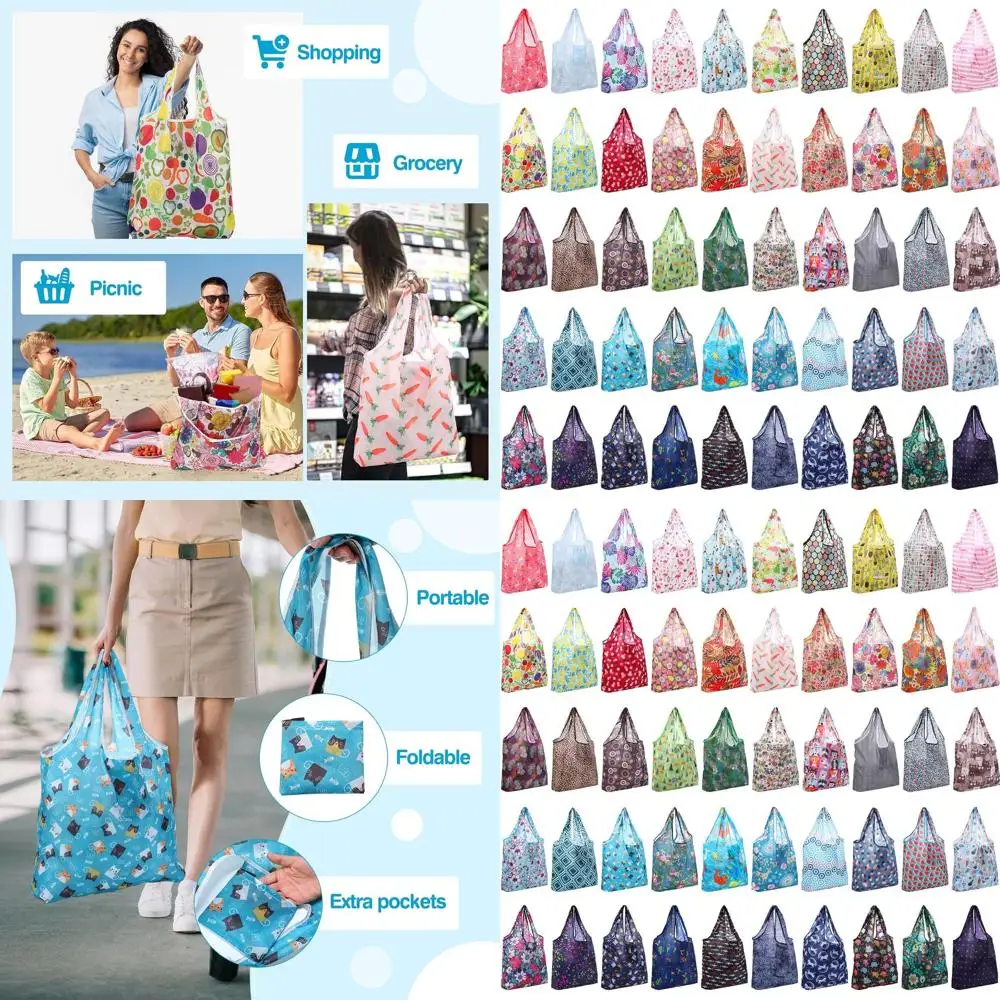 

50 Pack Reusable Grocery Bags - Foldable, Washable Tote Bags with Carry Pouch for Shopping