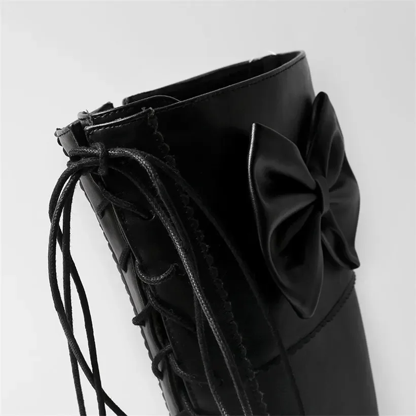 Sweet Pink Bowtie Women Knee-high Boots High Chunky Heels Black Party Ladies Round Toe Lolita Lace-up Zipper Platform Long Boots image 5