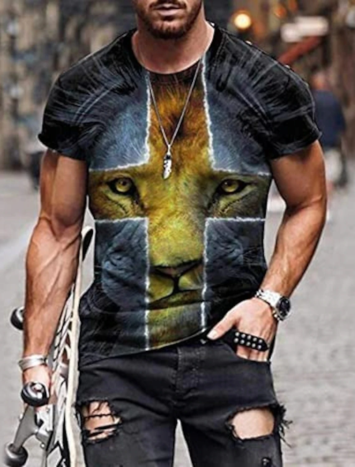 2023 New Men\'s Gender-Neutral T-Shirt 3D Printed Lion Round Neck Casual Short Sleeve Top Street Wea Men\'st-Shirtoversizedt-Shirt