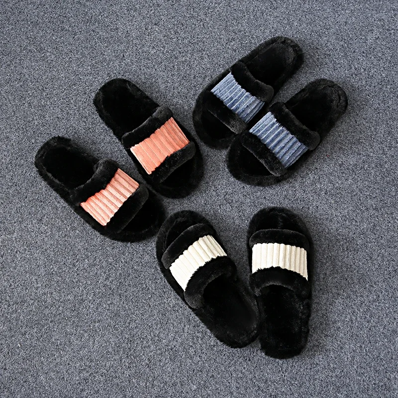 Autumn and Winter New Striped Contrast Open Women's Cotton Slippers Fashion and Cute Fur Slippers Home Non-slip Plush Slippers