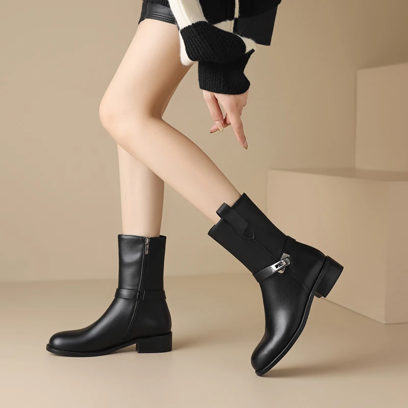 

2024 Women Mid-calf Boots Chunky Heel Women Shoes Autumn Winter Ladies Shoes Lace Up Short Boots Motorcycle Women Boots