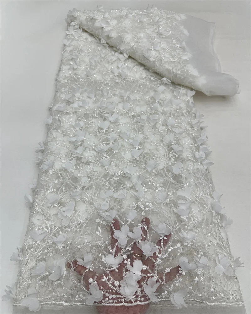 Tela de encaje con lentejuelas y flores en 3D para mujer, tejido africano de malla con cuentas bordadas, alta calidad, vestido de fiesta de boda, 5 yardas, 2024