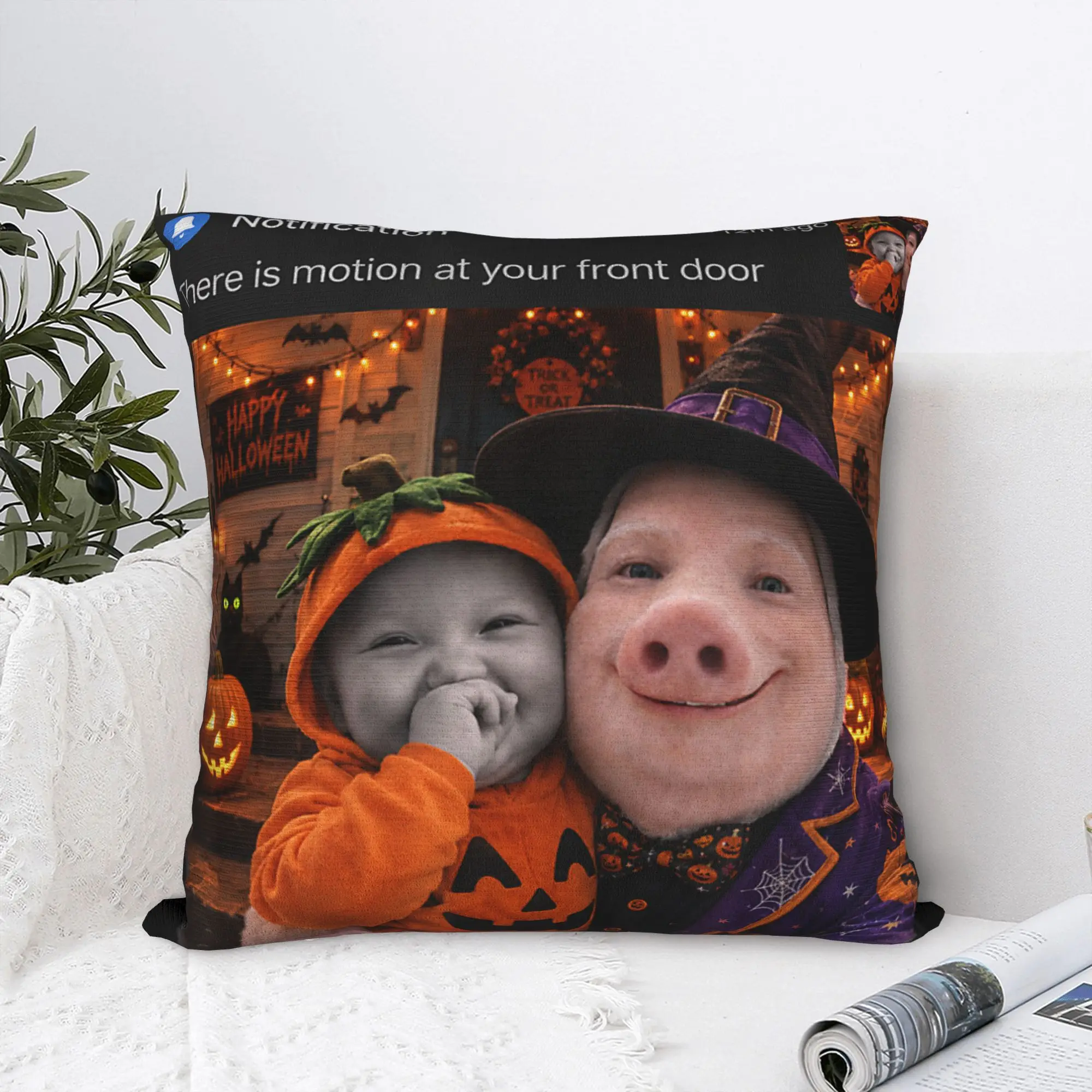 John Pork Holding Niche AI Baby Funny Halloween Motion Meme Pillow Cover For Sofa Couch Bed Living Room Graphic Cushion Cover