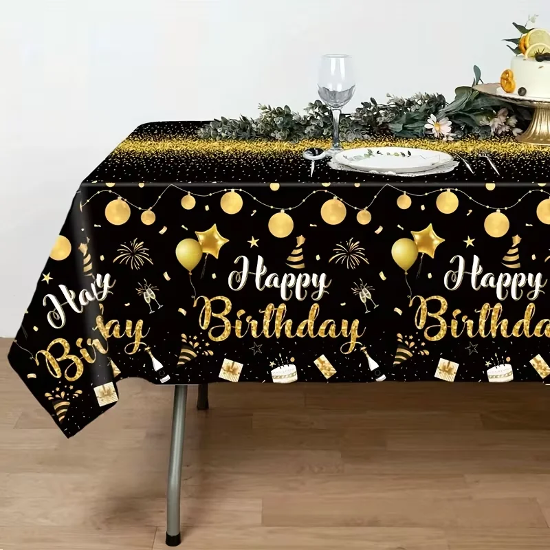 Single-Piece Set, Wedding Decoration, Outdoor Garden Decoration, Black and Gold Birthday Tablecloth, Happy Birthday Party Decora