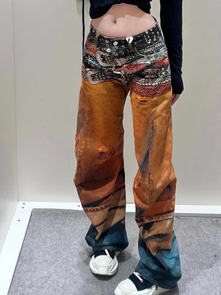 Modne wiosenne nowe modne damskie spodnie jeansowe z nadrukiem 3D w kolorze retro z wysokim stanem w kontrastowym kolorze