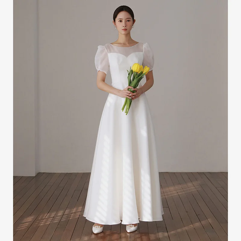 

French-style Light Wedding Dress2025New Satin Simple Light Gauze White Mini Dress for Welcoming Guests