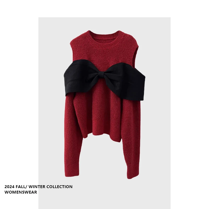 

Красный вязаный свитер Forever 2 Knot Luy Year с открытыми плечами, длинными рукавами, создающий уютную атмосферу, новинка зимы, для повседневной носки