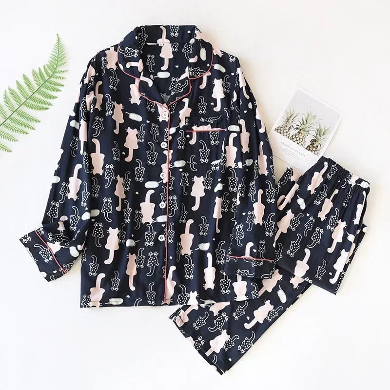 New spring and summer ladies viscose pajamas cover man-made cotton long-sleeved cartoon cartoon loose soft and thin home service