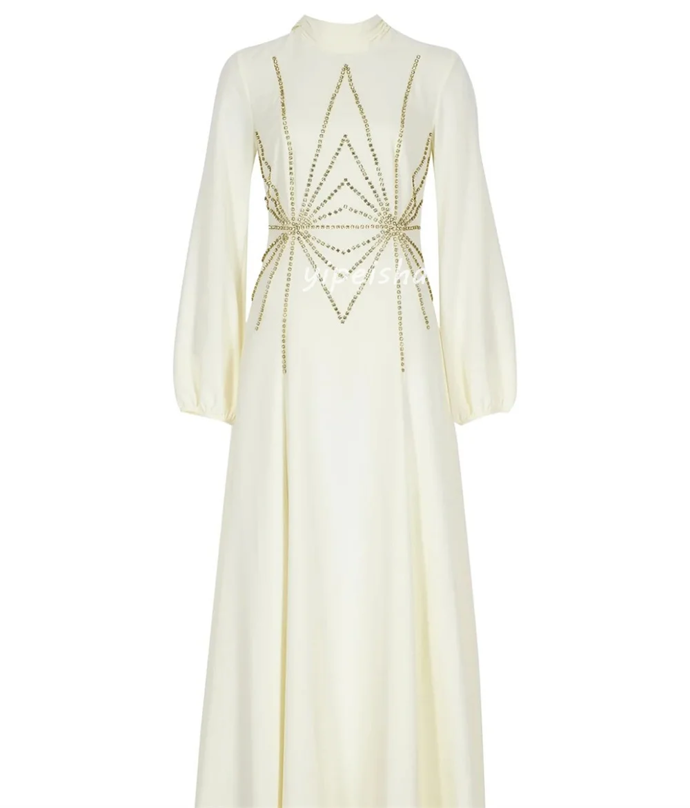 Customized High Quality Jersey Pleat Ruched Rhinestone A-line High Collar Long Dresses Bespoke Occasion Dresses Elegant Fashion