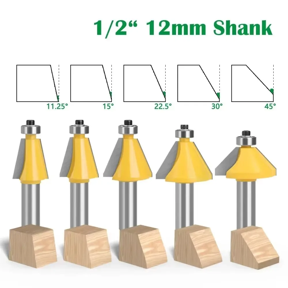 

5 PCS 1/2" 12MM Shank 11.25 15 22.5 30 45 Degree Chamfer & Bevel Edging Router Bit Two Flute Woodworking Milling Cutting Bits