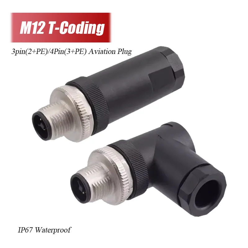 Waterproof M12 T-Coding Aviation Plug IP67 2+PE/3+PE 3/4Pin T Code Screw Wiring Power Connectors Male Female PG9 PG11 Connector