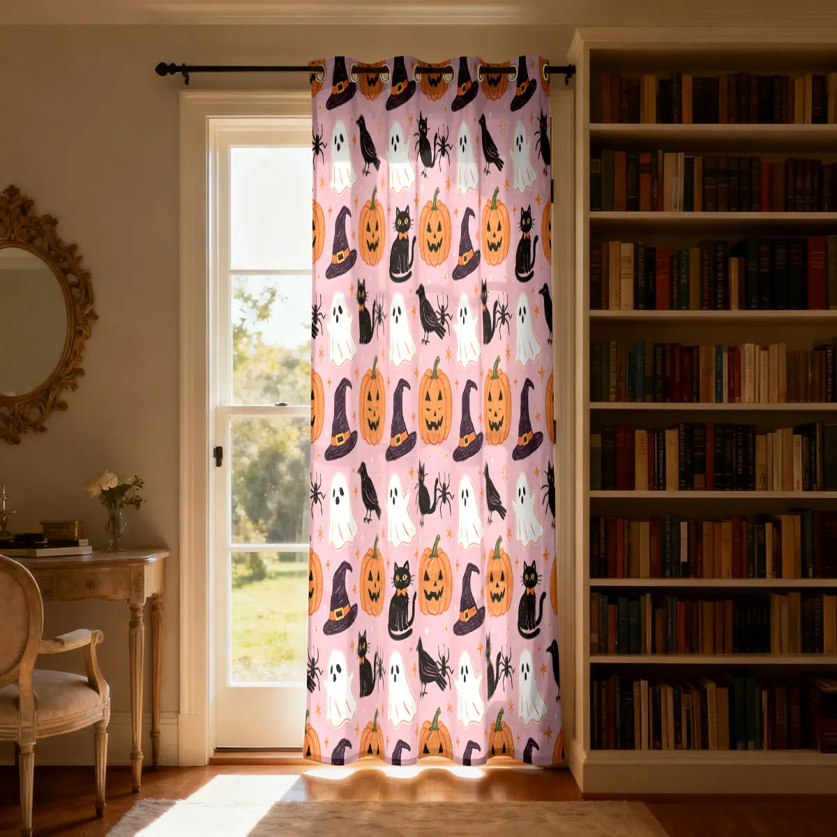 Halloween Single Piece Loop Curtain Witch Hat Black Cat Pumpkin Print Punch Hole Drape 1PC Perforated Hanging Curtain Bedroom