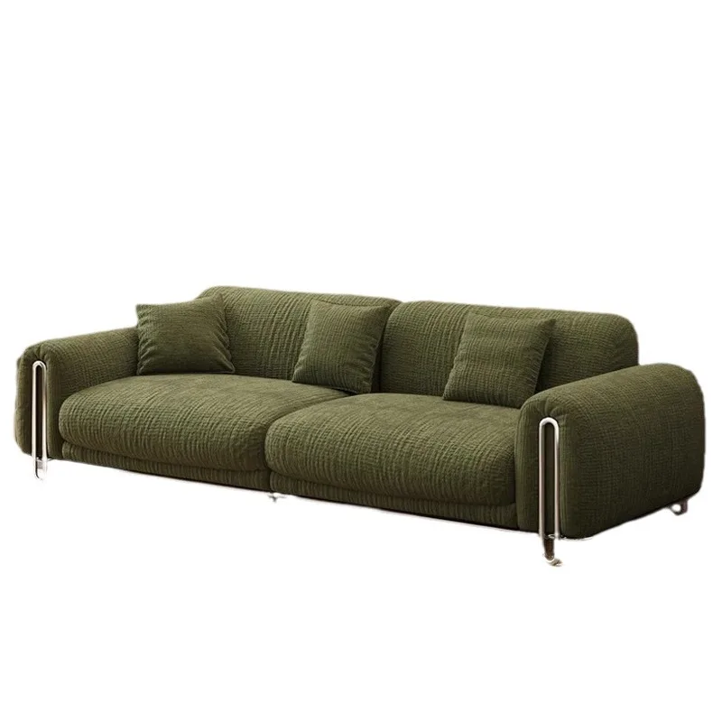 

French retro fabric sofa green cream wind small living room straight row three people