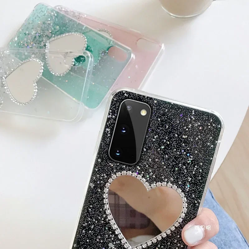 Starry Transparent Case For Samsung S23 Plus S22 Ultra S21 S20 FE S10 S9 S8 Note 20 10 Lite Glitter Heart Mirror Cover