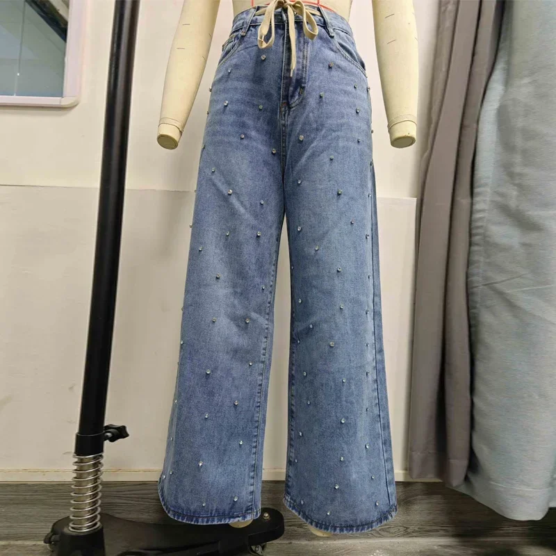 Jeans Manik-manik Longgar Pinggang Tinggi Celana Baggy Kasual Cocok Pakaian Jalanan Wanita Celana Panjang Kaki Lebar Serut Wanita