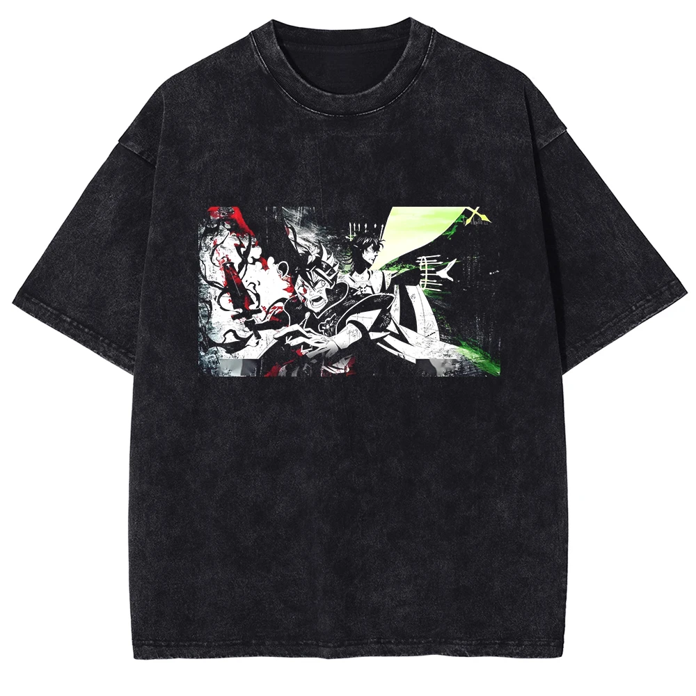 Anime Black Clover Asta And Yuno Vintage Graphic Tee Men Washed Cotton Tshirts Casual Loose T Shirt Harajuku Male T-shirt
