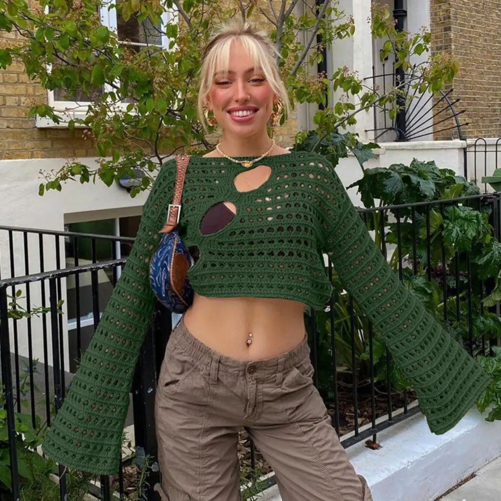 

Summer New Sexy Irregular Hollow Knit Blouse for Women European American Style Spot Detail Casual Top