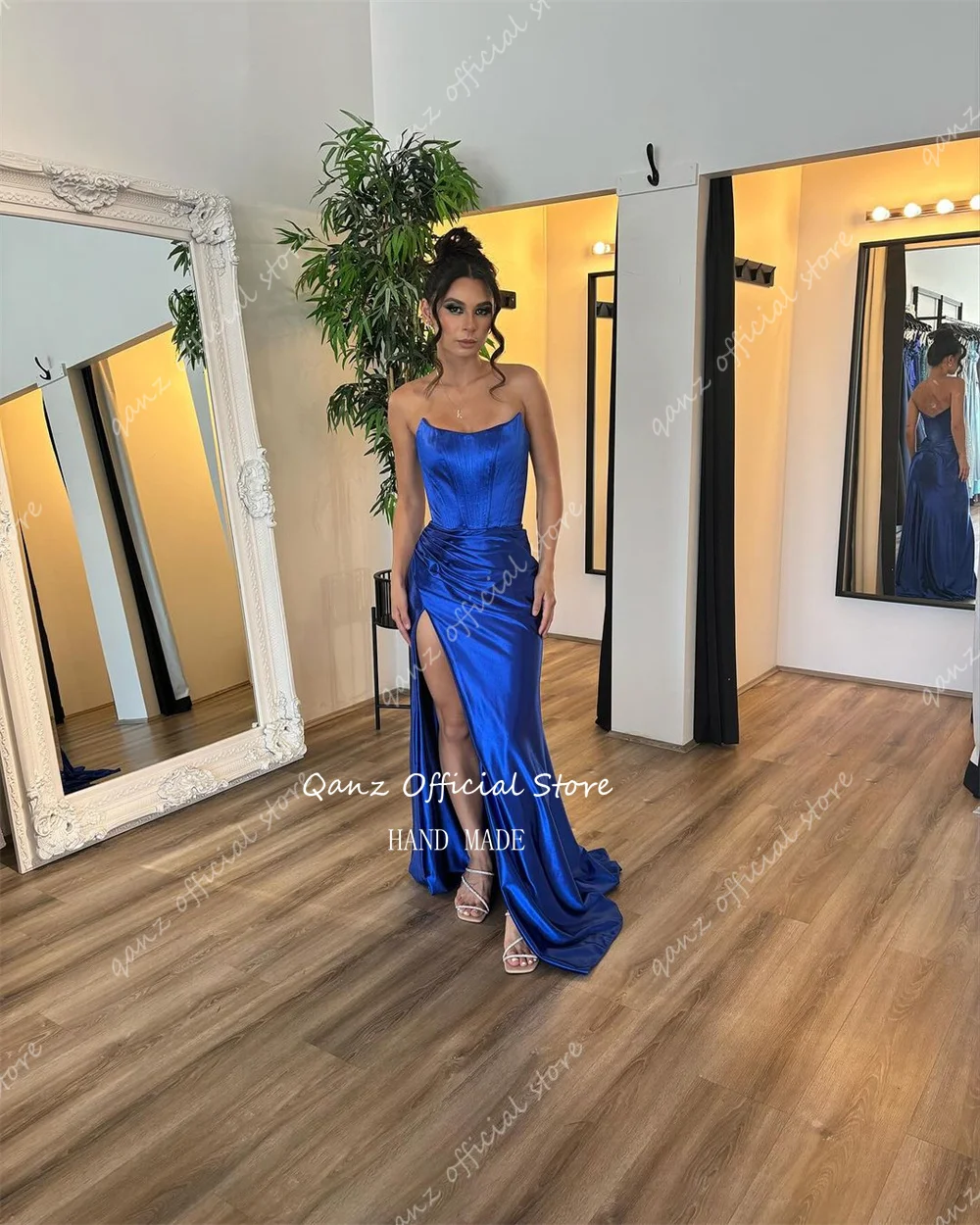 Qanz Royal Blue Evening Dresses Satin High Slit Vestido Mujer Elegante Strapless Mermaid Vestidos De Gala 2024 Customized