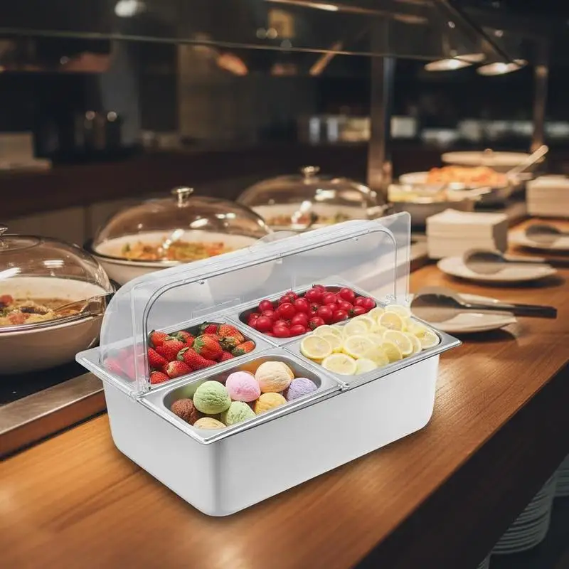 Tabletop Condiment Server 13x13x13 Inch For Buffet Catering Cafeteria, 4 Compartment Tray Transparent Cover 3 Ice Packs Removable Inserts Organization Storage Food Grade Material Clear View Design Kitchen Accessory