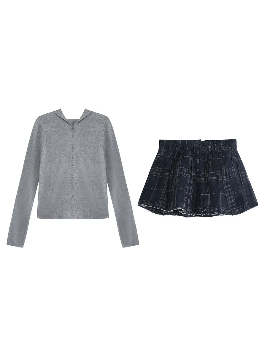 

Комплект из хлопка и льна для ранней осени: юбка и худи, женский модный повседневный комплект с высокой талией, укороченный кардиган на пуговицах