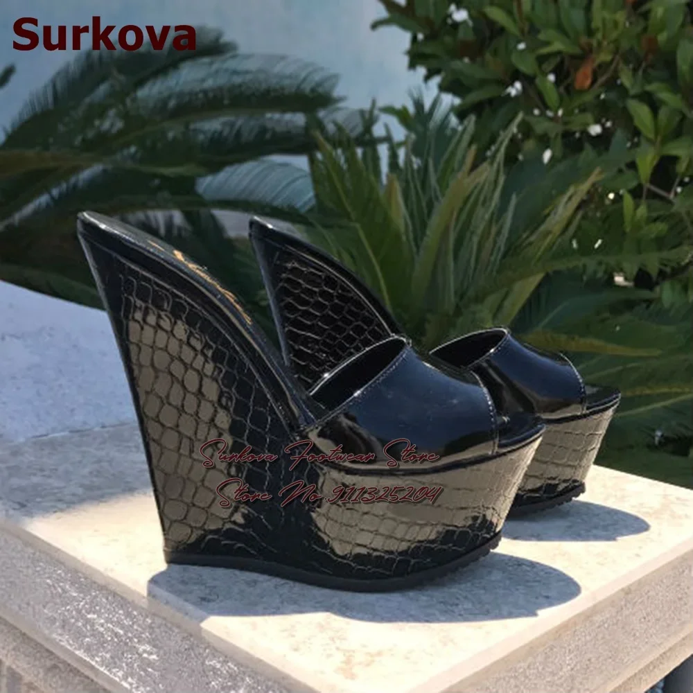 Surkova Red White Black Snakeskin Wedged Heels Modern Slippers High Platform Slip-On Sandals Open Toe Patchwork Dress Shoes
