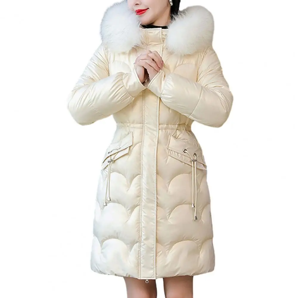 Women Winter Cotton Coat Thickened Padded Faux Fur Hood Winter Outerwear Smooth Slim Fit Windproof Mid Length Hooded Down Coat