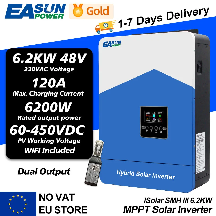 EASUN 6200VA 6200W Hybrid Solar Inverter 48VDC MPPT 80A 450VDC PV Input Pure Sine Wave Inversor with WIFI Support BMS