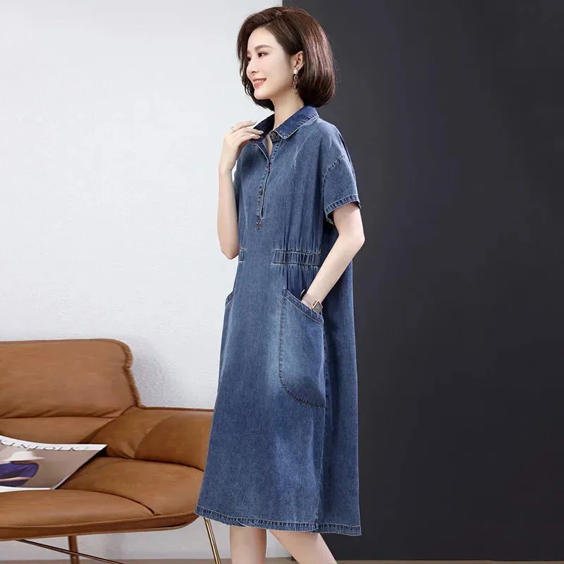 Plus Size Female Denim Dress Summer A Line Short Sleeve Casual Dresses Fashion Long Pullover Dresses Womens Office Clothing 3XL