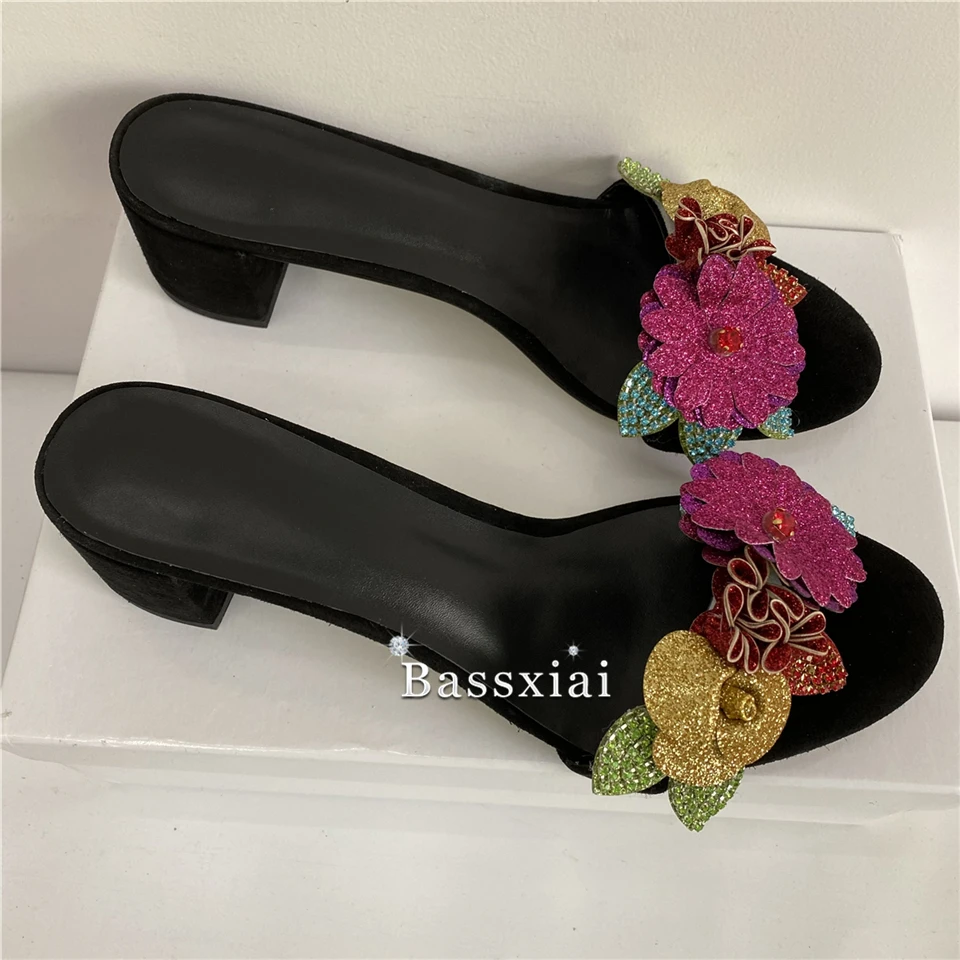 Colorful Sequins Crystal Flower Sandals Women Luxury Suede Slingbacks Med Heel Open Toe Summer Mules For Girls