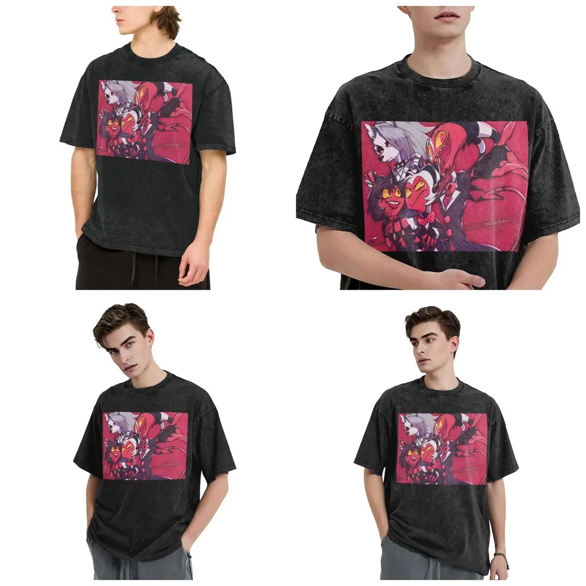 Streetwear T-Shirts Loona Collage Helluva Boss Anime Washed T Shirt Short Sleeve Hip Hop T-Shirt Tops Tees for Men Women