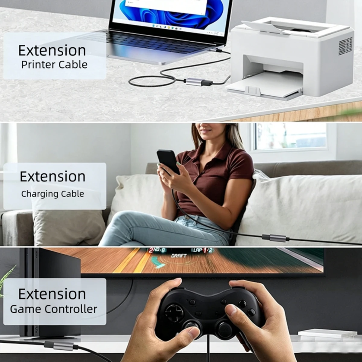 USB 3.0 extension cable for male to female data transmission, suitable for mice, hard drives, and printers