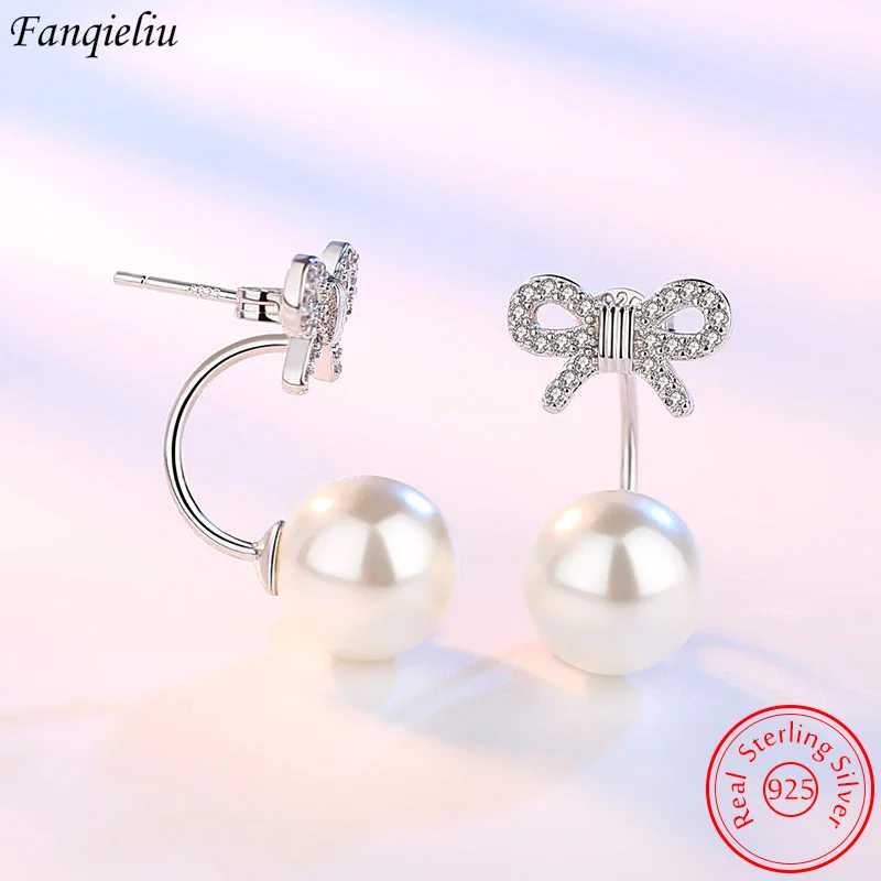

Fanqieliu Real 925 Sterling Silver Cute Bow Crystal Pearl Stud Earrings For Woman Trendy Jewelry New FQL21061