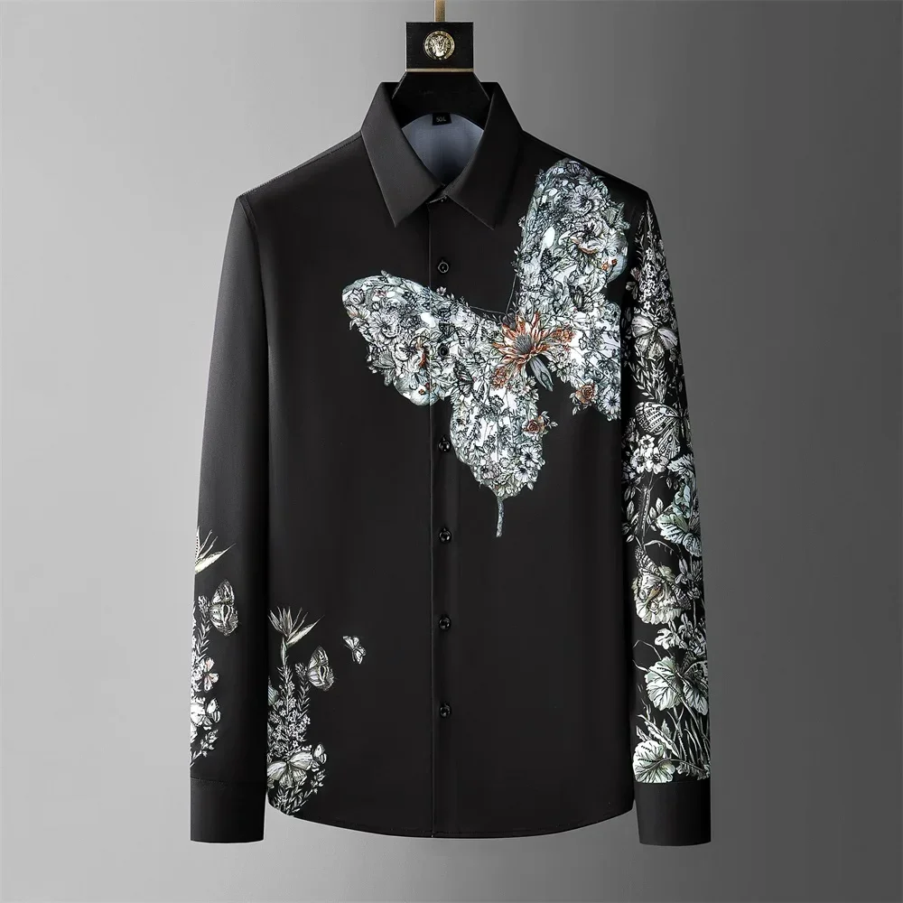 

Luxury Butterfly Rhinestone Printed Shirt for Men Long Sleeve Casual Shirts Vintage Social Party Streetwear Tops Men Clothing