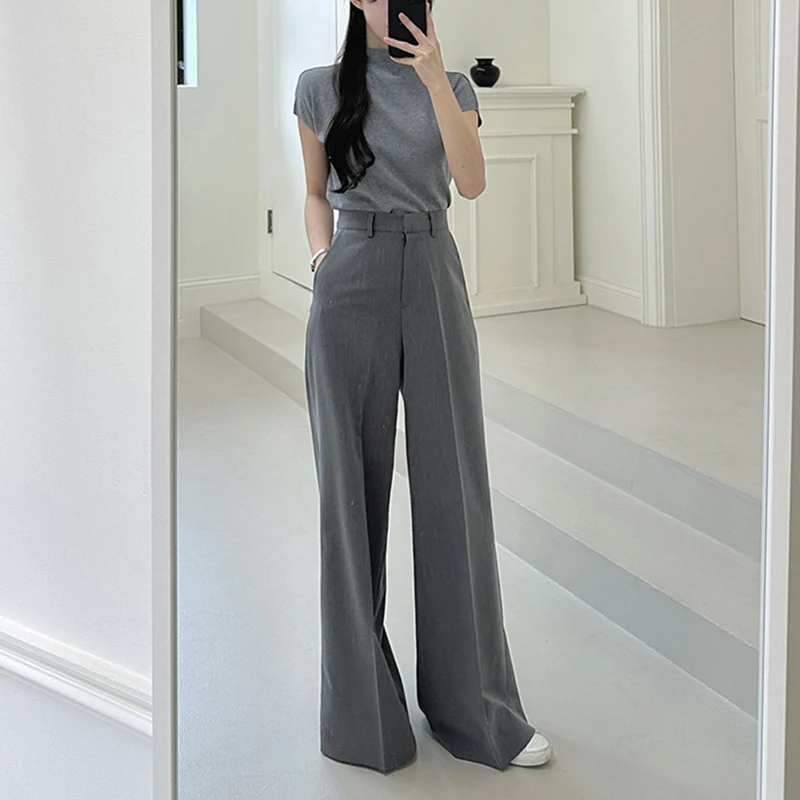 Rimocy Korean Fashion Women's Wide Leg Pants 2024 New Solid High Waist Office Trousers Ladies Chic Loose Grey Suit Pants Woman