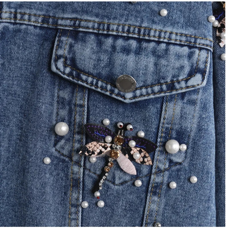 2025 Women's Korean Edition Loose Long Sleeve Short Coat Spring Autumn New Heavy Industry Five Dragonfly Nail Bead Denim Jacket