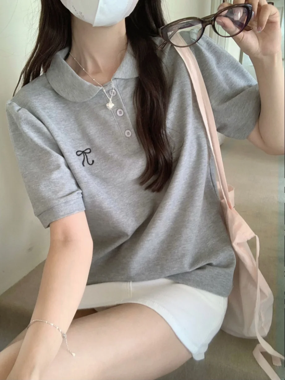 Retro Hong Kong Sle Chic f Sve T-shirt Dames Zomer Losse Knoop Borduren irt ort Sve Doll Kraag