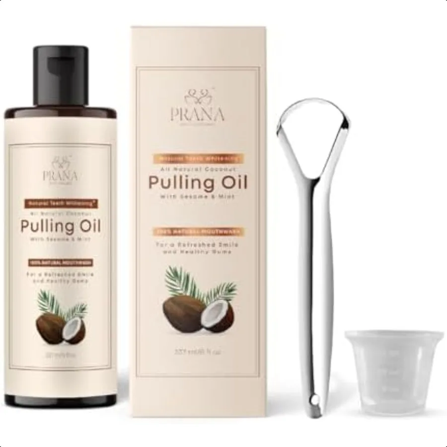 

PRANA Ополаскиватель для рта с кокосовым маслом со скребком для языка Аюрведическое масло для очистки ополаскивания с гвоздиком кокосового масла и мятой для плохой B