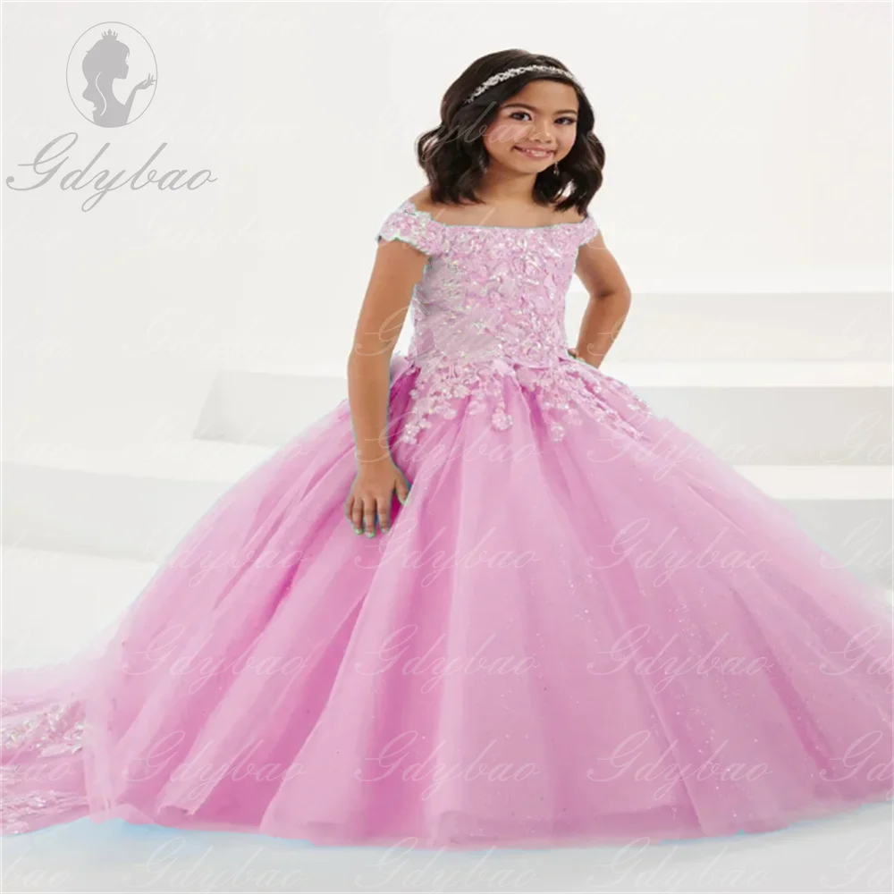 Vestidos rosas elegantes para desfile de belleza para niña, vestidos de flores para boda, encaje, tul, lentejuelas, cuello plano hinchado, baile de comunión elegante para niños